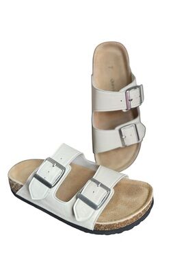Quince Nappa Leather Double Buckle Slide in bone size 7